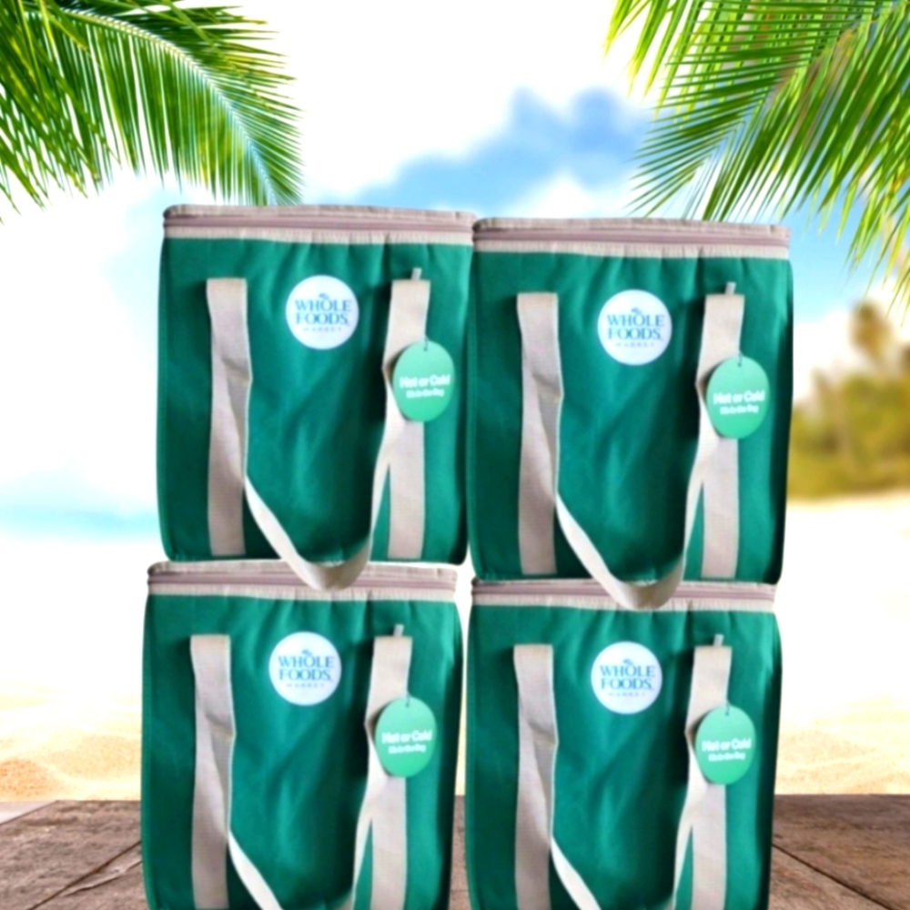 X4 WHOLE FOODS MARKET Insulated Reusable Cooler Green Grocery Shopping B…
